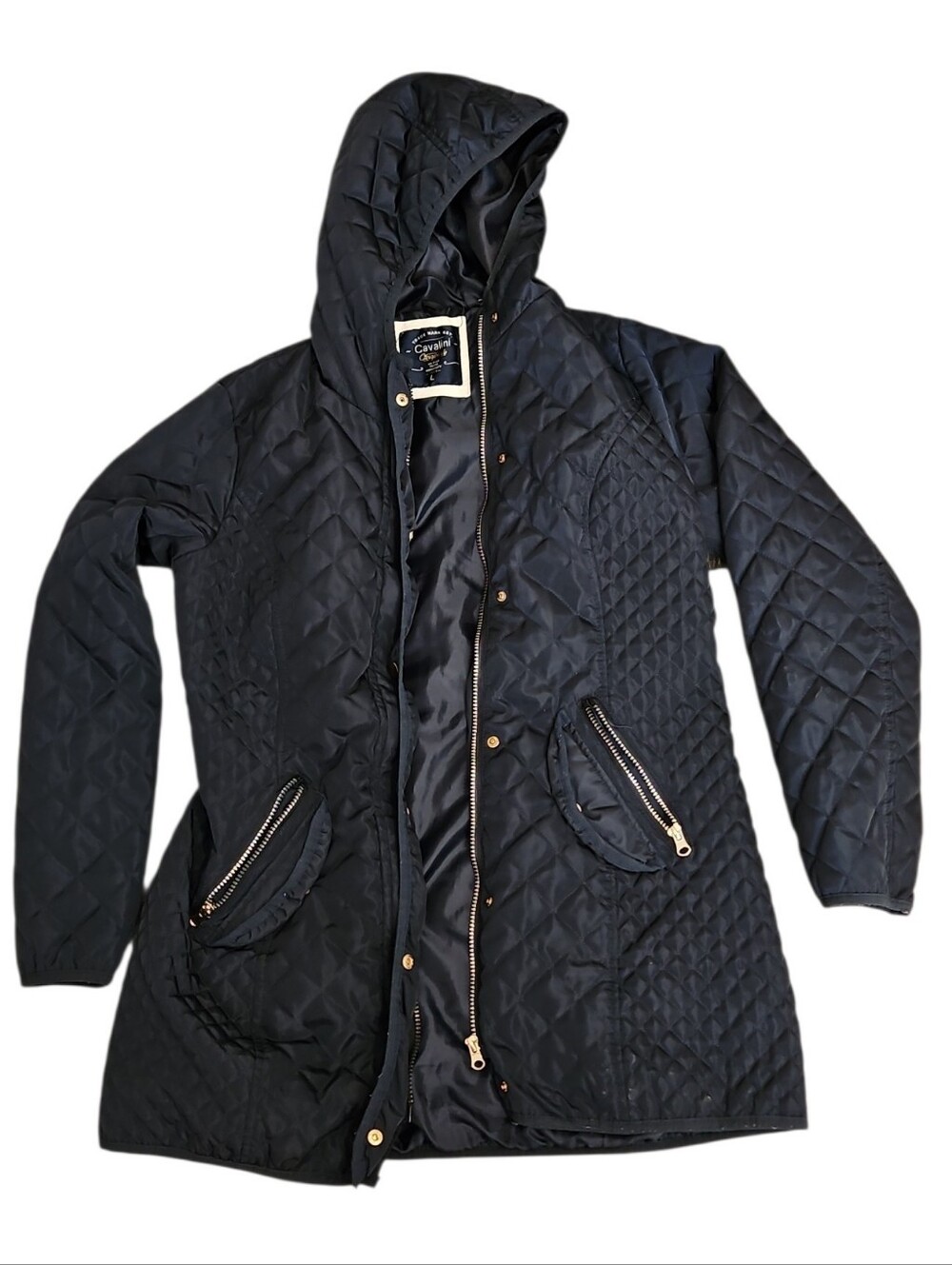 Navy Quilted Hooded Jacket with Gold Zippers Capelli Size Large Raincoat